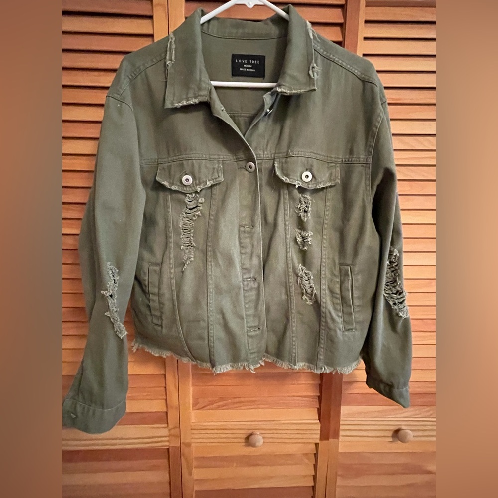 Distressed jean jacket, olive, M